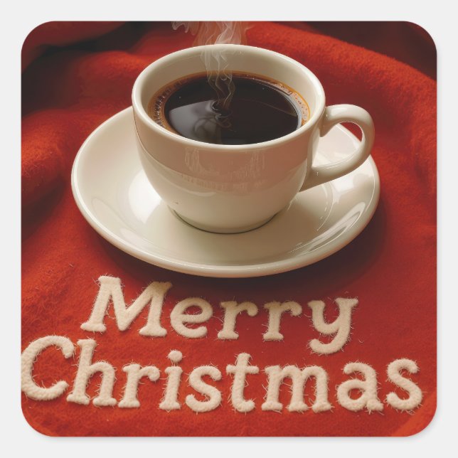 Adesivo Quadrado Café Em um Cobertor Alegre de Natal (Frente)
