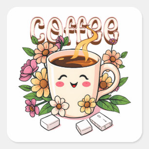 Adesivo Quadrado Café Kawaii e Flores