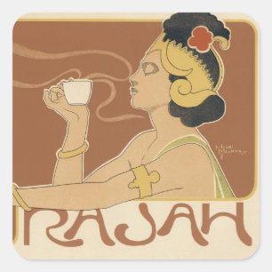 Adesivo Quadrado Café Rajah Art Nouveau Vintage, Senhora com Café