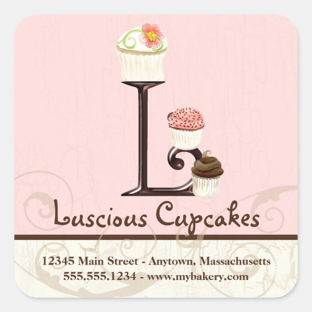 Adesivo Quadrado Caixa comercial do Cupcake de Aquarela L Monograma (Frente)