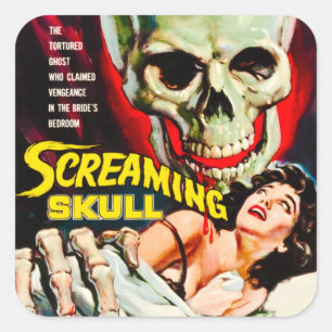 Adesivo Quadrado Caixa de Filme Vintage "Screaming Skull"
