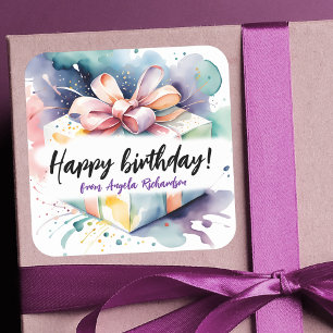 Adesivo Quadrado Caixa de Presente de Birthday Vibrant Watercolor c