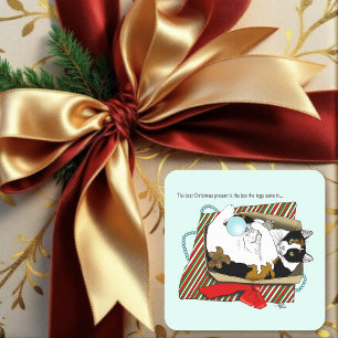 Adesivo Quadrado Caixa de Presente de Natal de Gato Tricolor Engraç