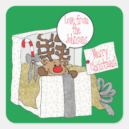 Adesivo Quadrado Caixa de Presentes de Reindeer de Natal