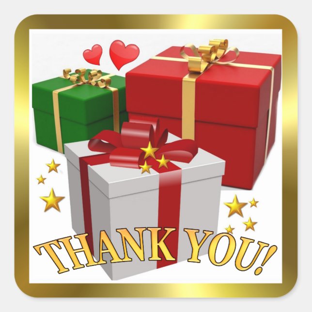 Adesivo Quadrado Caixas de presentes e corações Obrigado Sticker Qu (Frente)