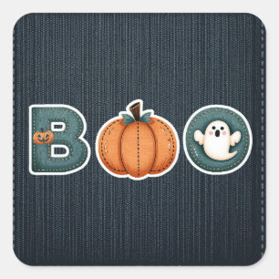 Adesivo Quadrado Calça Jeans BOO Rústico Abóbora Fantasma Halloween
