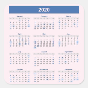 Adesivo Quadrado Calendário anual 2020 a rosa pálido
