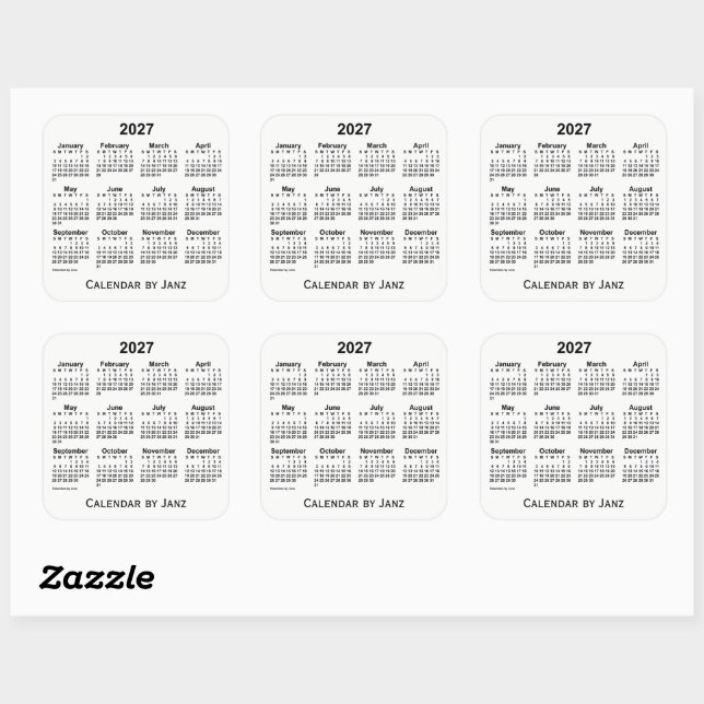 Adesivo Quadrado Calendário Branco de 2027 por Janz Square Sticker (Folha)