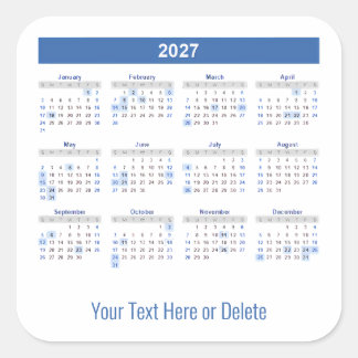 Adesivo Quadrado Calendário Mensal de 2027 com Texto Personalizado
