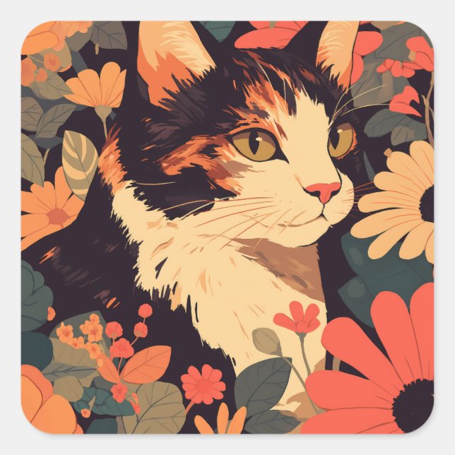 Adesivo Quadrado Calico Cat com Flores Japonês (Frente)