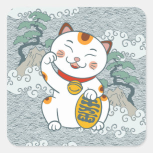 Adesivo Quadrado Calico Cat japonês   Maneki Neko