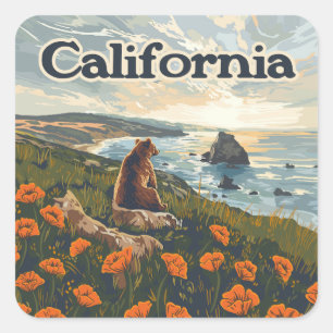 Adesivo Quadrado California Bear Poppies Flores Retro