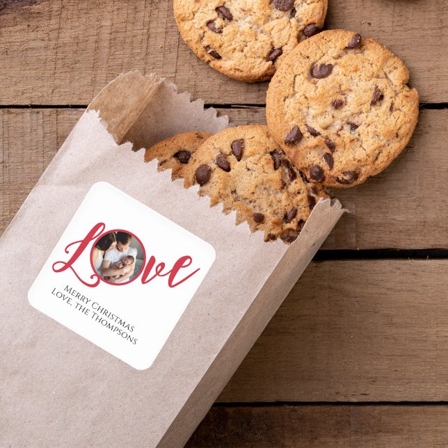 Adesivo Quadrado Caligrafia de Fotografia Moderna do Natal Simples (Christmas love typography script photo gift sticker. )