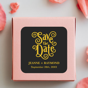 Adesivo Quadrado Caligrafia Preto Dourado Casamento Salve a Data