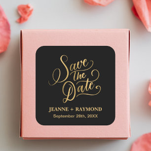 Adesivo Quadrado Caligrafia Romântica Preto Dourado Save the Date