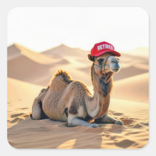 Adesivo Quadrado Camelo do Deserto Usando um Boné Vermelho de Apose