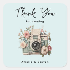 Adesivo Quadrado Câmera com Flores Casamento Pastel Retrô Agradecim