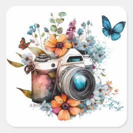 Adesivo Quadrado Câmera em um buquê com uma borboleta