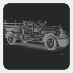 Adesivo Quadrado caminhão de bombeiros vintage desenhado à mão inve