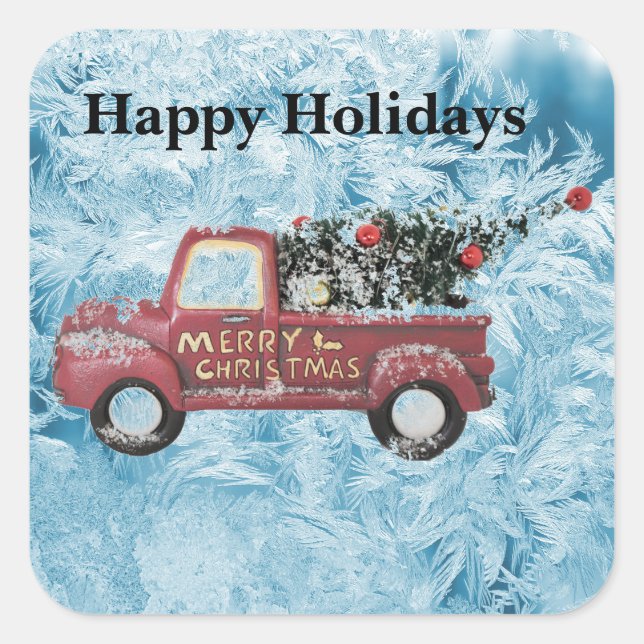 Adesivo Quadrado caminhão de colheita vermelho sobre fundo azul com (Frente)