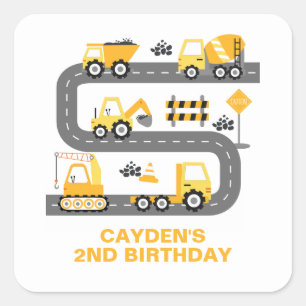 Adesivo Quadrado Caminhão de Construção de Aniversário