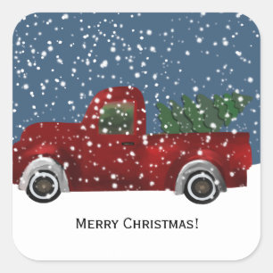 Adesivo Quadrado Caminhão-retrô vermelho e árvore de Natal