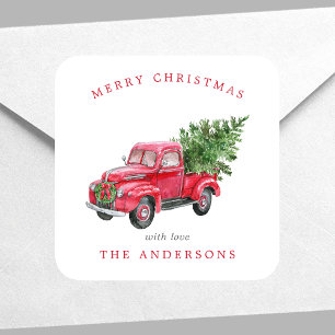 Adesivo Quadrado Caminhão Vermelho Aquarela Natal Retro