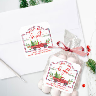 Adesivo Quadrado Caminhão Vermelho Vintage, Personalizado, Feliz e