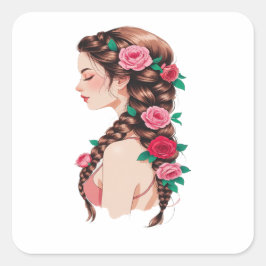 Adesivo Quadrado Camisa Floral de Cabelo Trançado Rosa para Mulhere