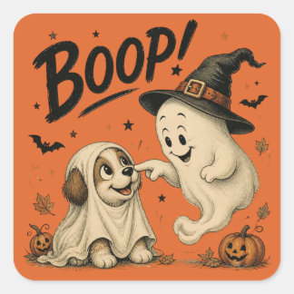 Adesivo Quadrado Camiseta de Halloween com Fantasma Fofo e Cachorro