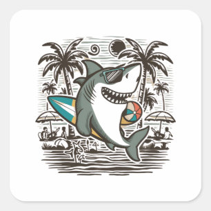 Adesivo Quadrado Camiseta de tubarão-praia design