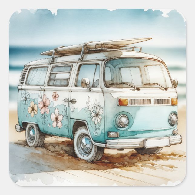 Adesivo Quadrado Campervan Retro Aquarela Com Surfboard (Frente)
