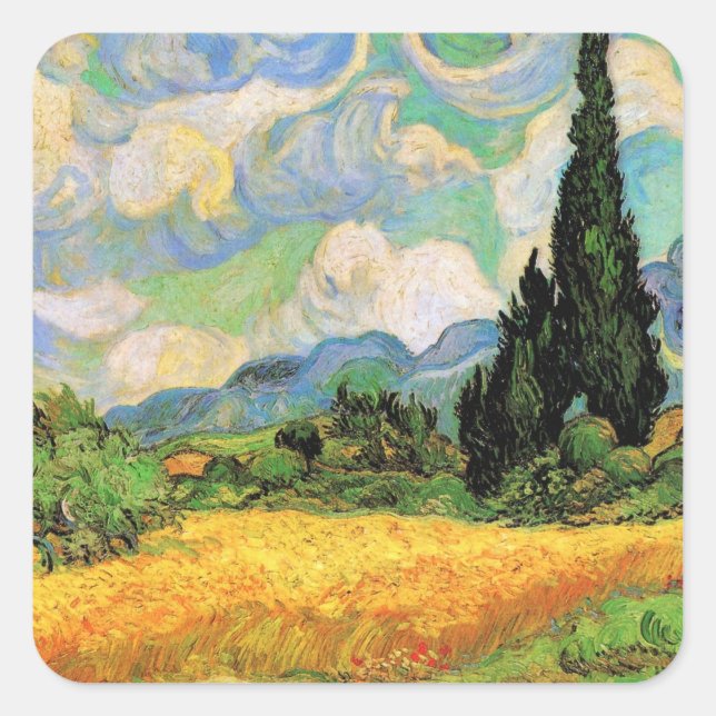 Adesivo Quadrado Campo de trigo Van Gogh com ciprestes na Haute Gal (Frente)