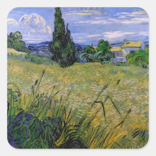 Adesivo Quadrado Campo de trigo verde com Cypress de Van Gogh.
