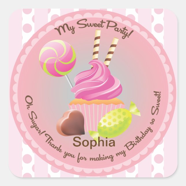 Adesivo Quadrado Candy Buffet Girl's Party Favor Birthday Sticker (Frente)