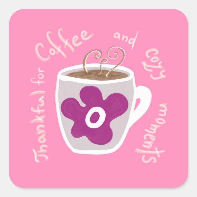 Adesivo Quadrado Caneca de café com flor grande e aspas (Frente)