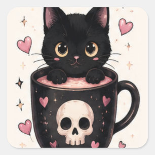Adesivo Quadrado Caneca de Caveira Fofa Gato Preto Halloween