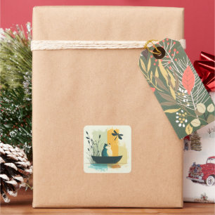 Adesivo Quadrado Canoa Branca de Gatos Abstrato do Lago Chubby, Min