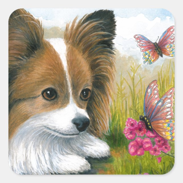 Adesivo Quadrado Cão 123 Cão Papillon com Borboletas (Frente)