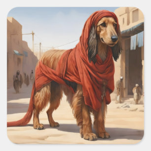 Adesivo Quadrado cão afegão vermelho na cidade antiga