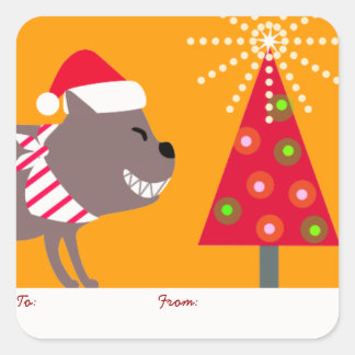 Adesivo Quadrado Cão Bandana Laranja e Árvore de Natal