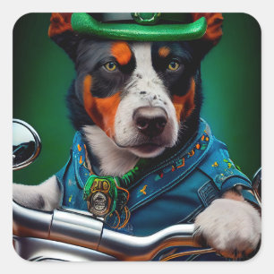 Adesivo Quadrado Cão Blue Heeler Dirigindo Bicicleta Dia de São Pat