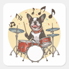 Adesivo Quadrado Cão Boston Terrier Tocando Tambores