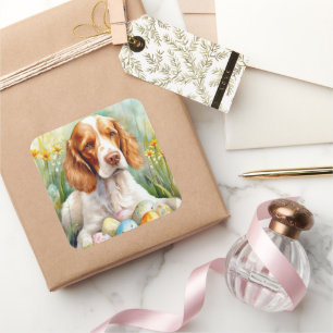 Adesivo Quadrado Cão Brittany Spaniel com Ovos da Páscoa Feriado