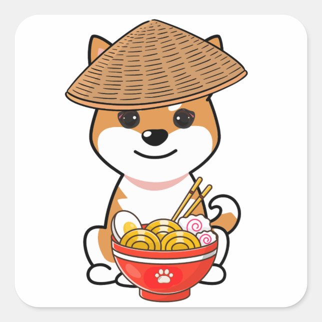 Adesivo Quadrado Cão de laranja engraçado está comendo macarrão (Frente)