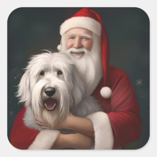 Adesivo Quadrado Cão de Ovelha do Inglês Antigo com Natal Festivo d