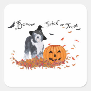 Adesivo Quadrado Cão de Ovelha do Inglês Antigo no Halloween