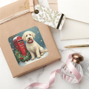 Adesivo Quadrado Cão de Pastoreio Inglês Antigo Cartão de Natal Vin
