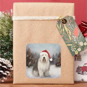 Adesivo Quadrado Cão de Pastoreio Inglês Antigo no Natal com Neve