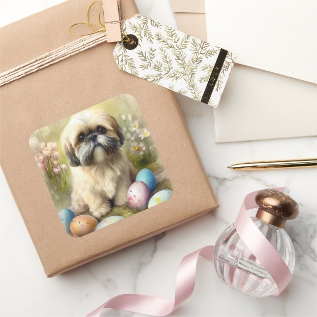 Adesivo Quadrado Cão Lhasa Apso com Feriado de Ovos de Páscoa  (Presentear)